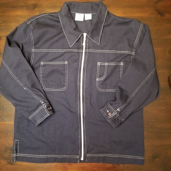 Vintage, On Que, Blue Cotton with White Stitching Zippered Jacket, large - Picture 9 of 10